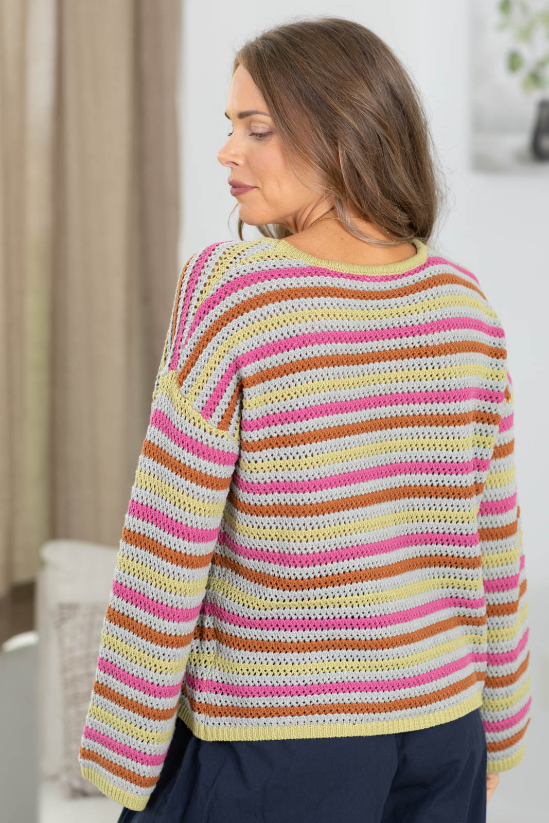 Crochet Multicolor Stripe Bell Sleeve Sweater
