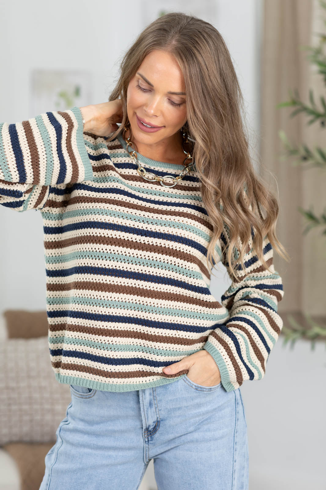 Crochet Multicolor Stripe Bell Sleeve Sweater