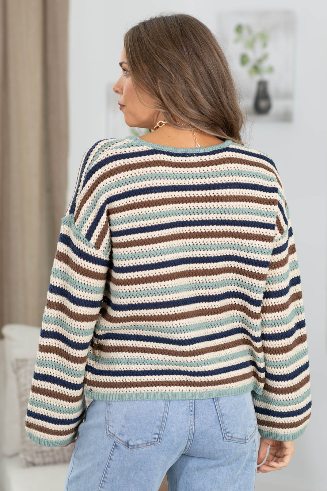 Crochet Multicolor Stripe Bell Sleeve Sweater