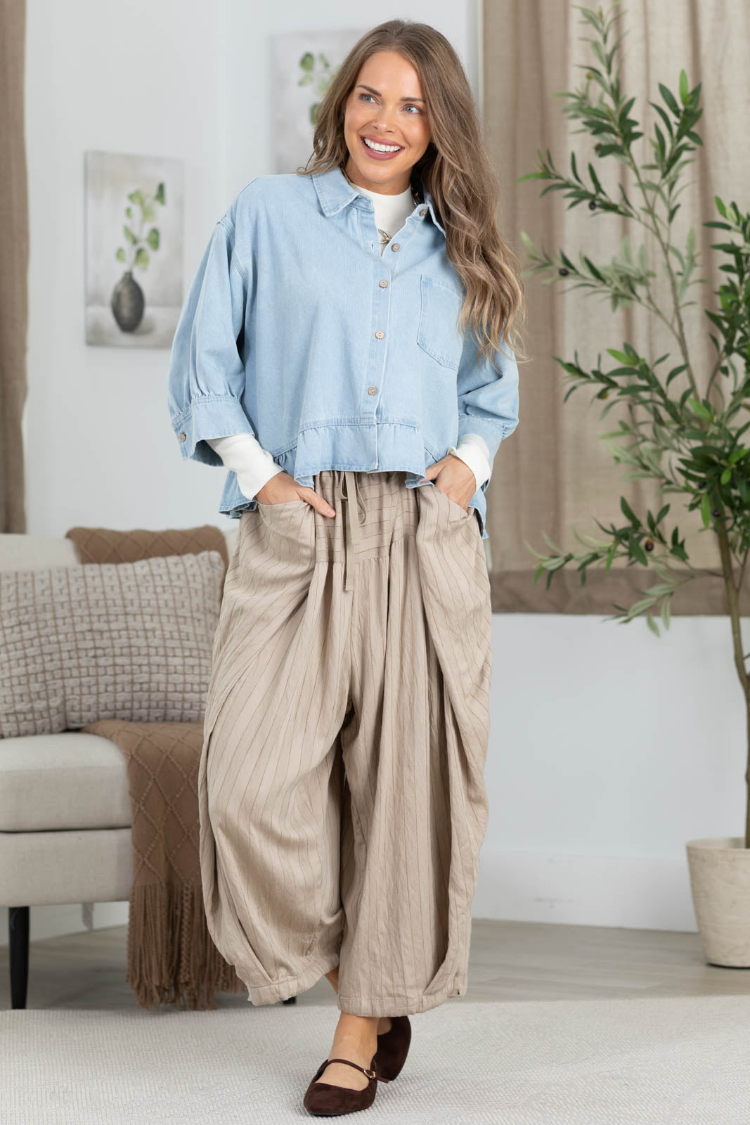 Washed Denim Ruffled Shirt