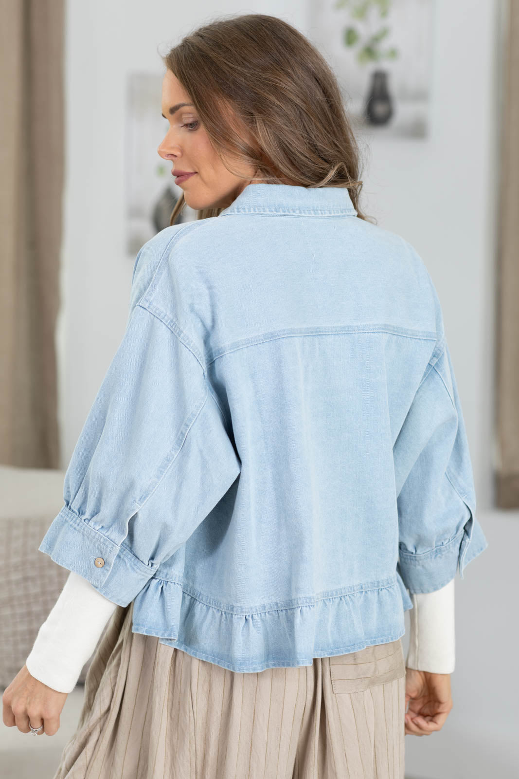 Washed Denim Ruffled Shirt