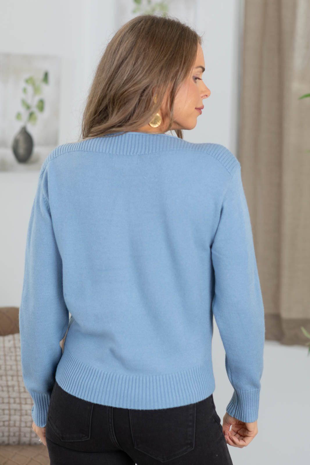 Dusty Blue Rib Neckline Detail Sweater Top