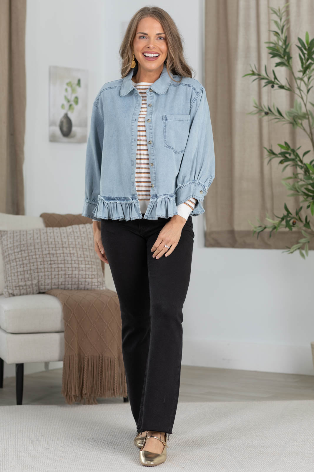 Light Washed Denim Button Down Ruffle Hem Top