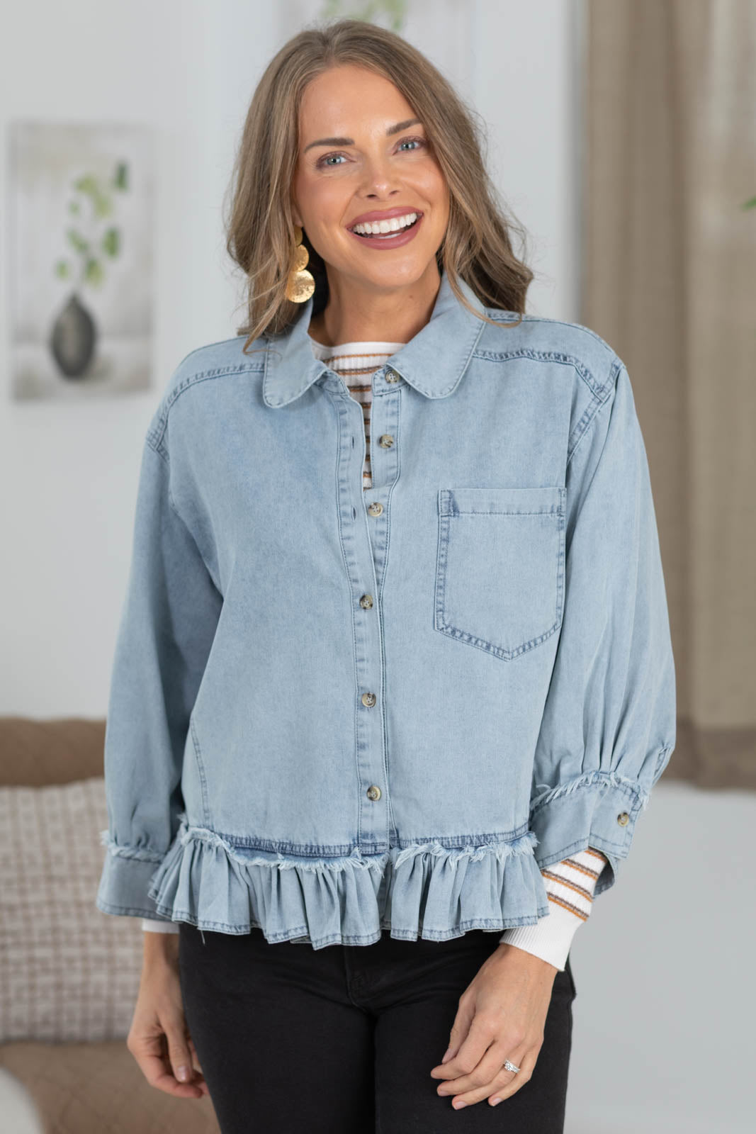 Light Washed Denim Button Down Ruffle Hem Top