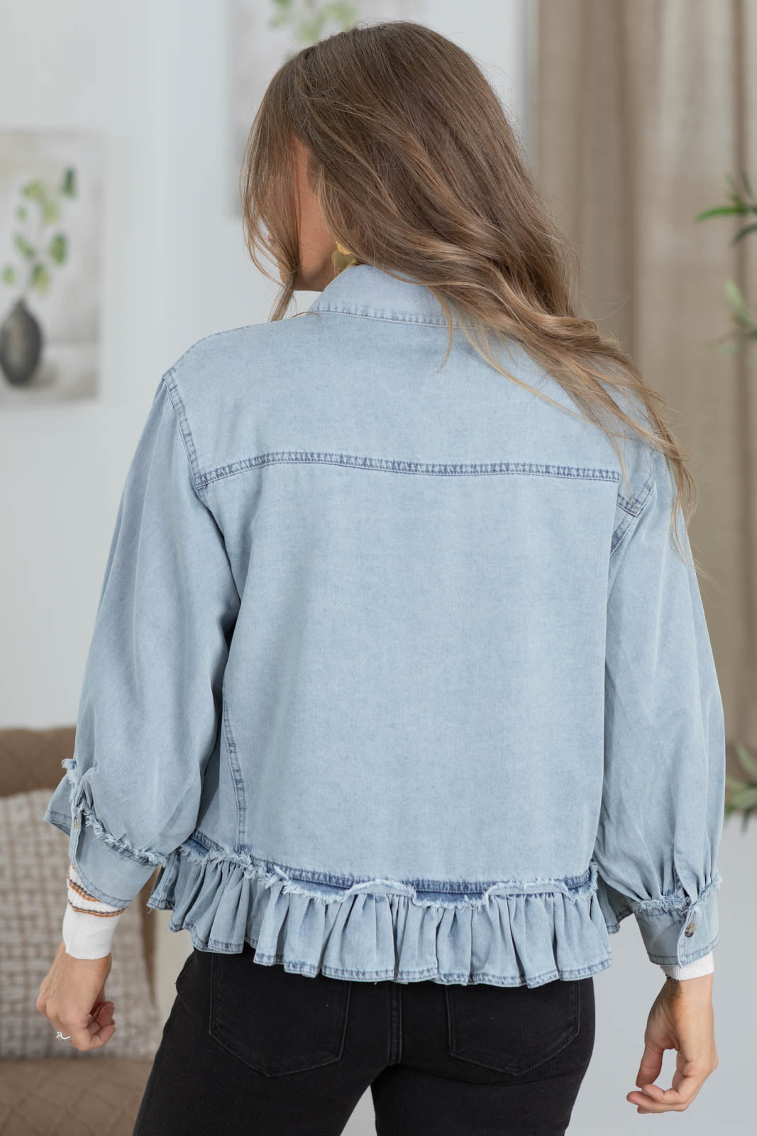 Light Washed Denim Button Down Ruffle Hem Top