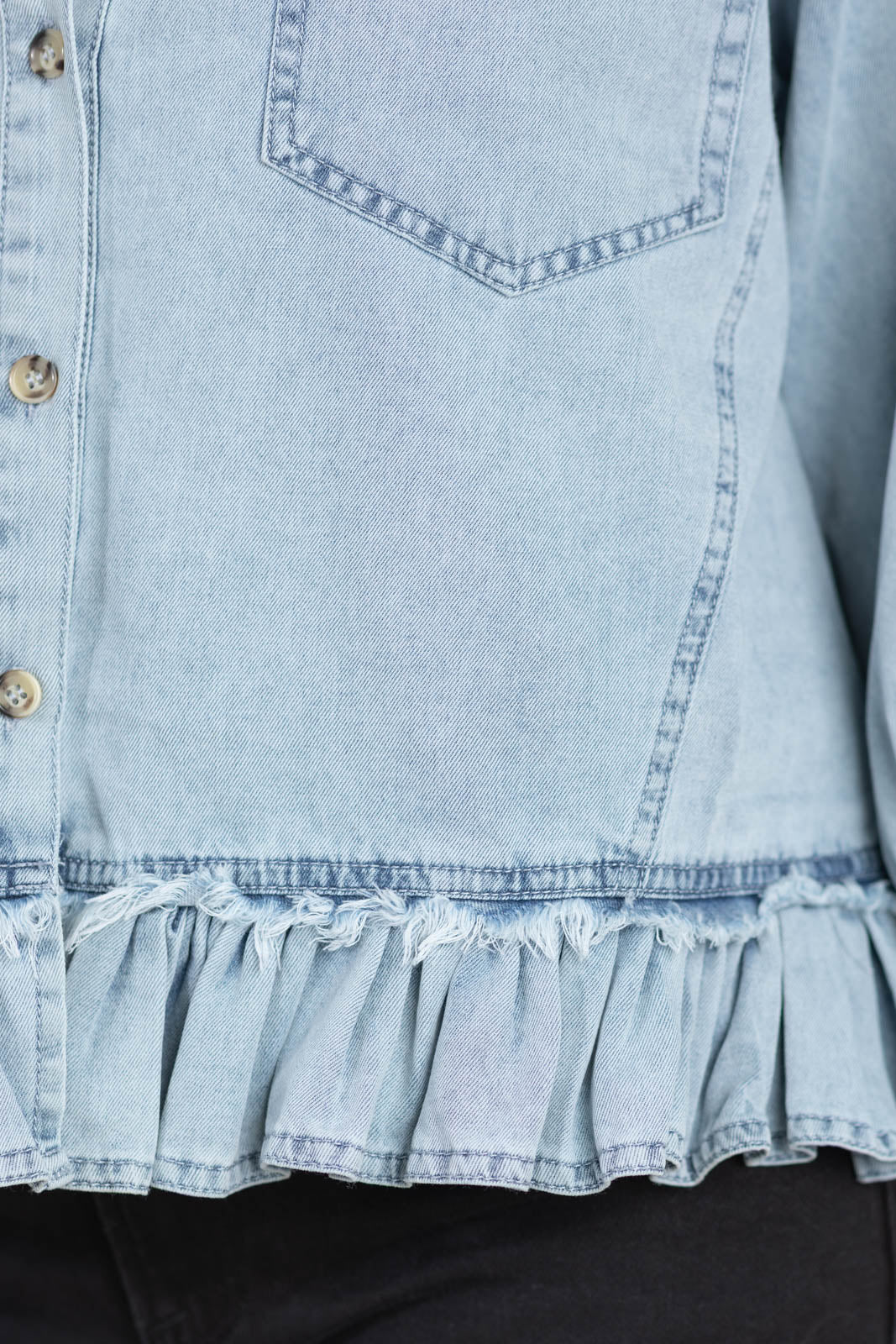 Light Washed Denim Button Down Ruffle Hem Top
