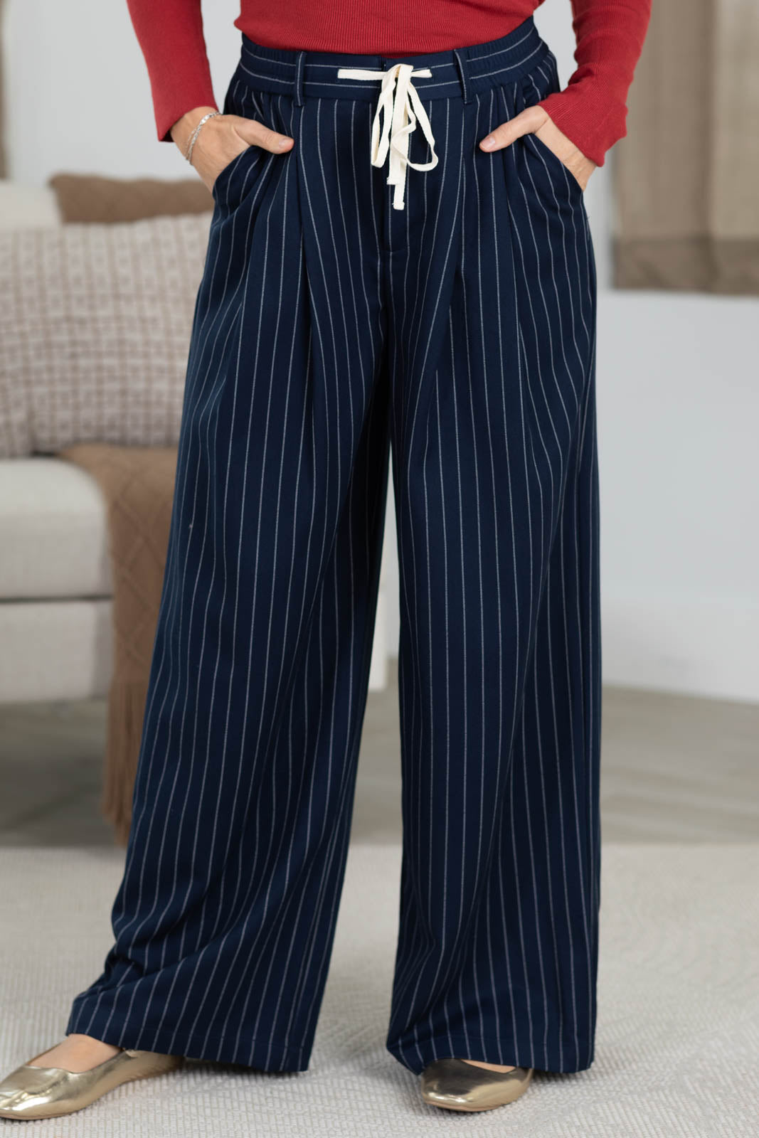 Pinstripe Drawstring Pants With Pockets