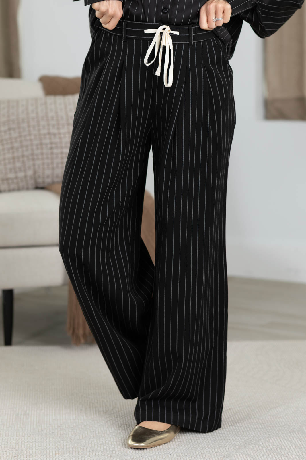 Pinstripe Drawstring Pants With Pockets