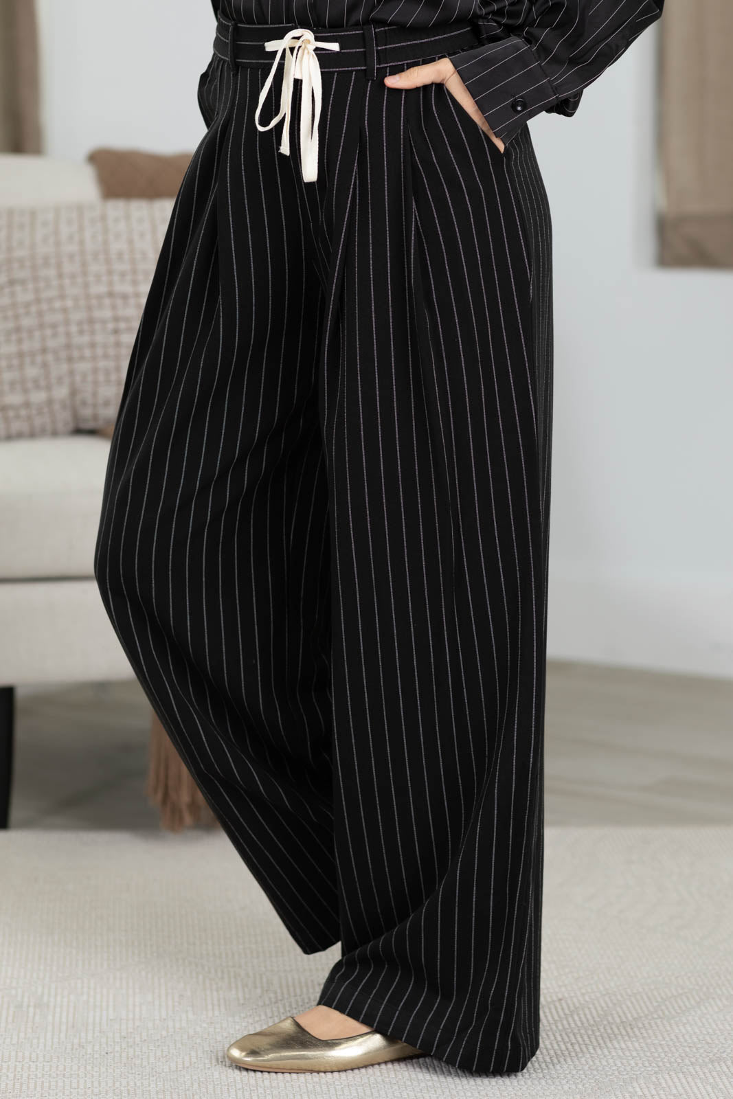 Pinstripe Drawstring Pants With Pockets