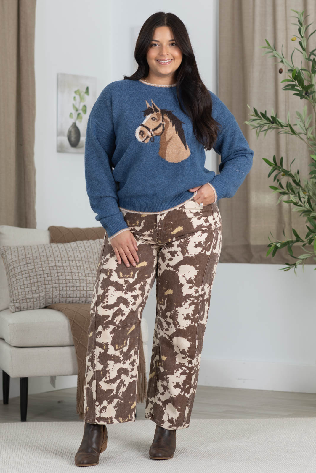 Staccato Horse Print With Stitch Trim Sweater