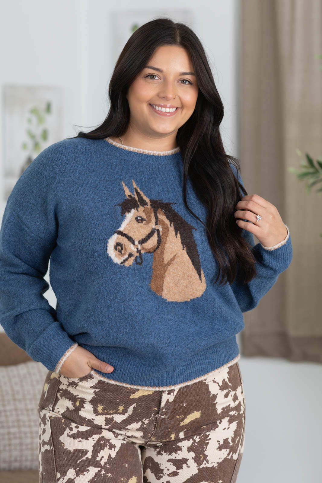 Staccato Horse Print With Stitch Trim Sweater