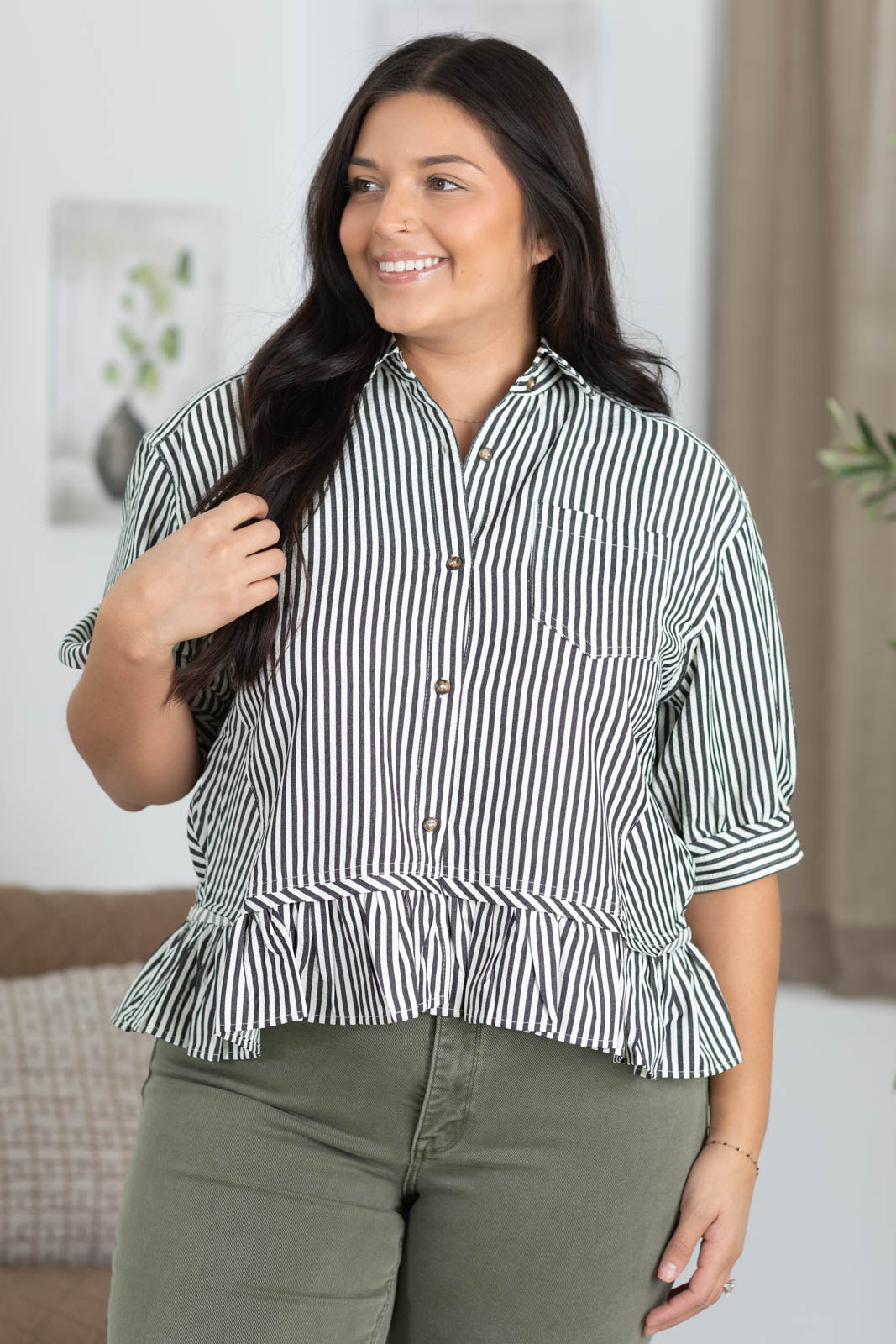 Black And Off White Stripe Ruffle Hem Woven Top