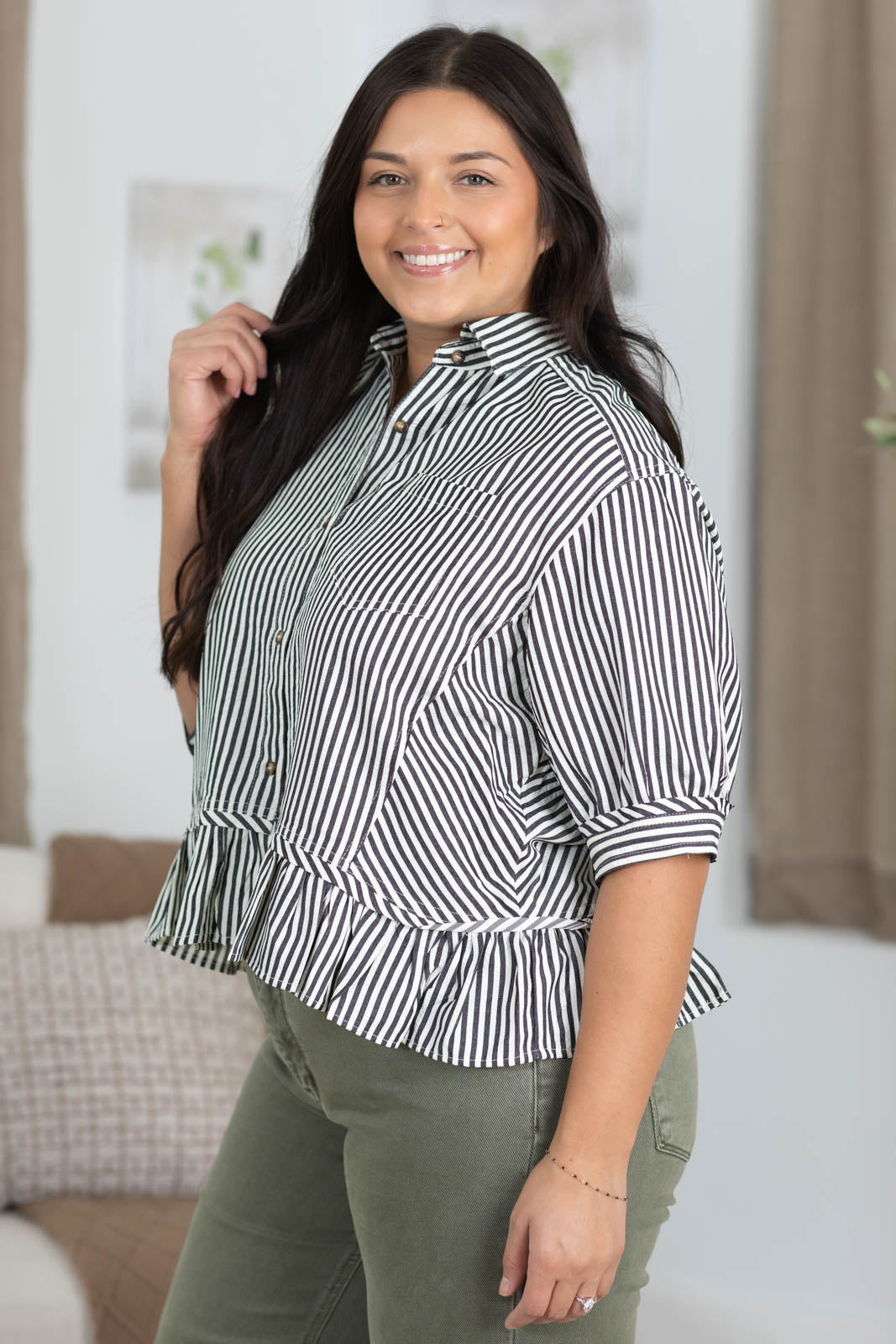 Black And Off White Stripe Ruffle Hem Woven Top