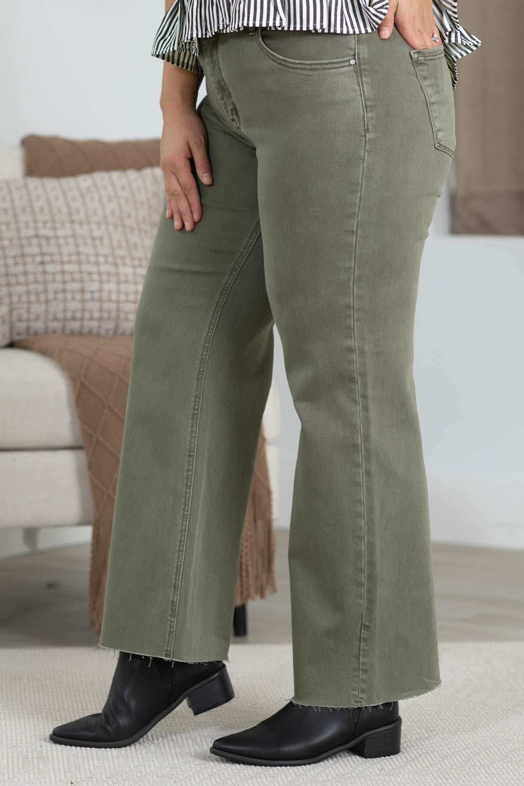 Risen Olive Tummy Control Mid Rise Straight Jeans