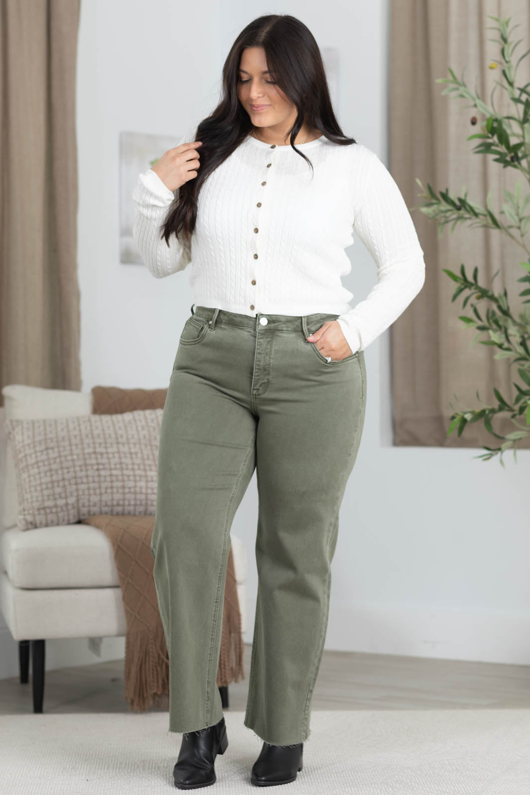 Risen Olive Tummy Control Mid Rise Straight Jeans