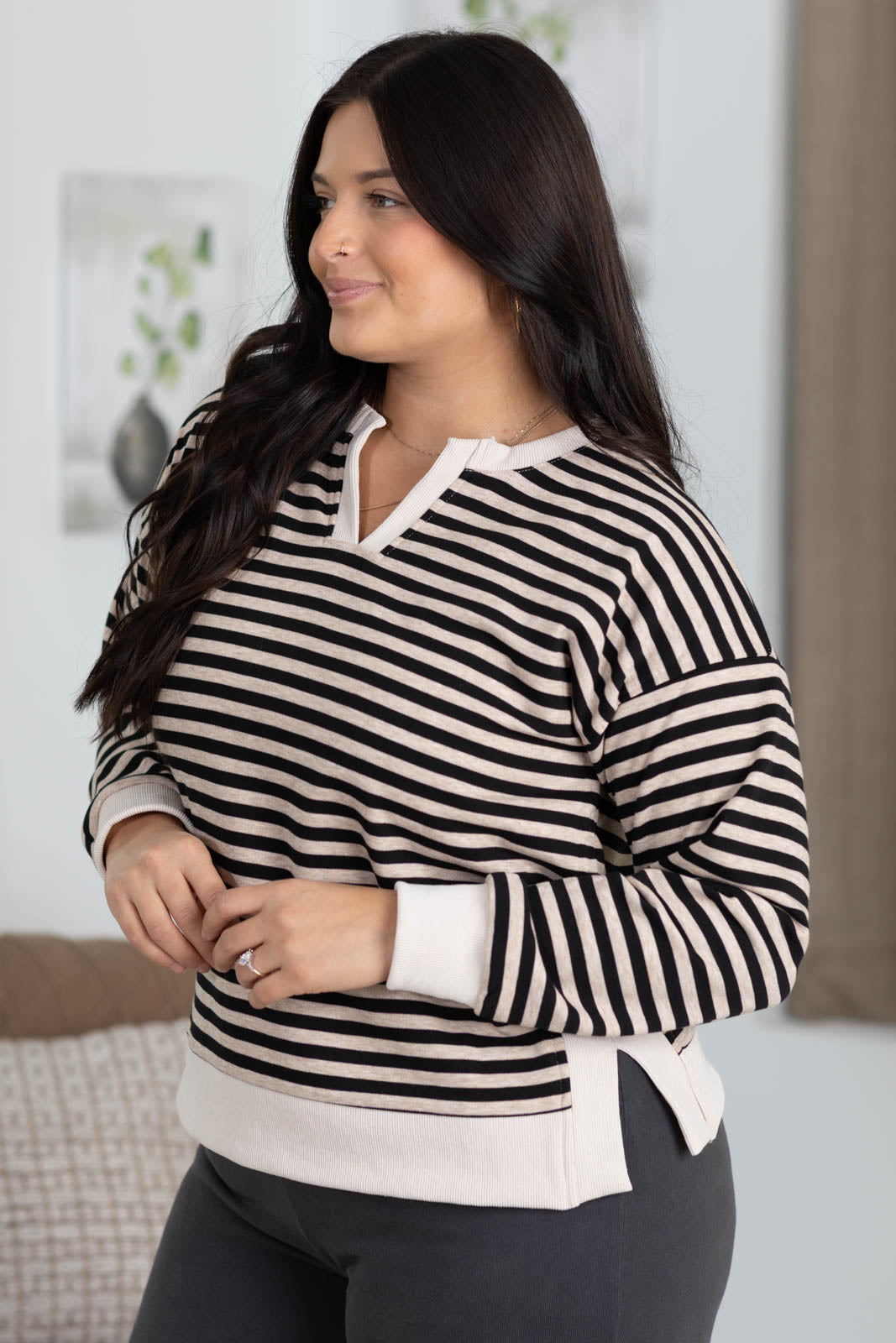Staccato Notch Neck Stripe Long Sleeve Knit Top