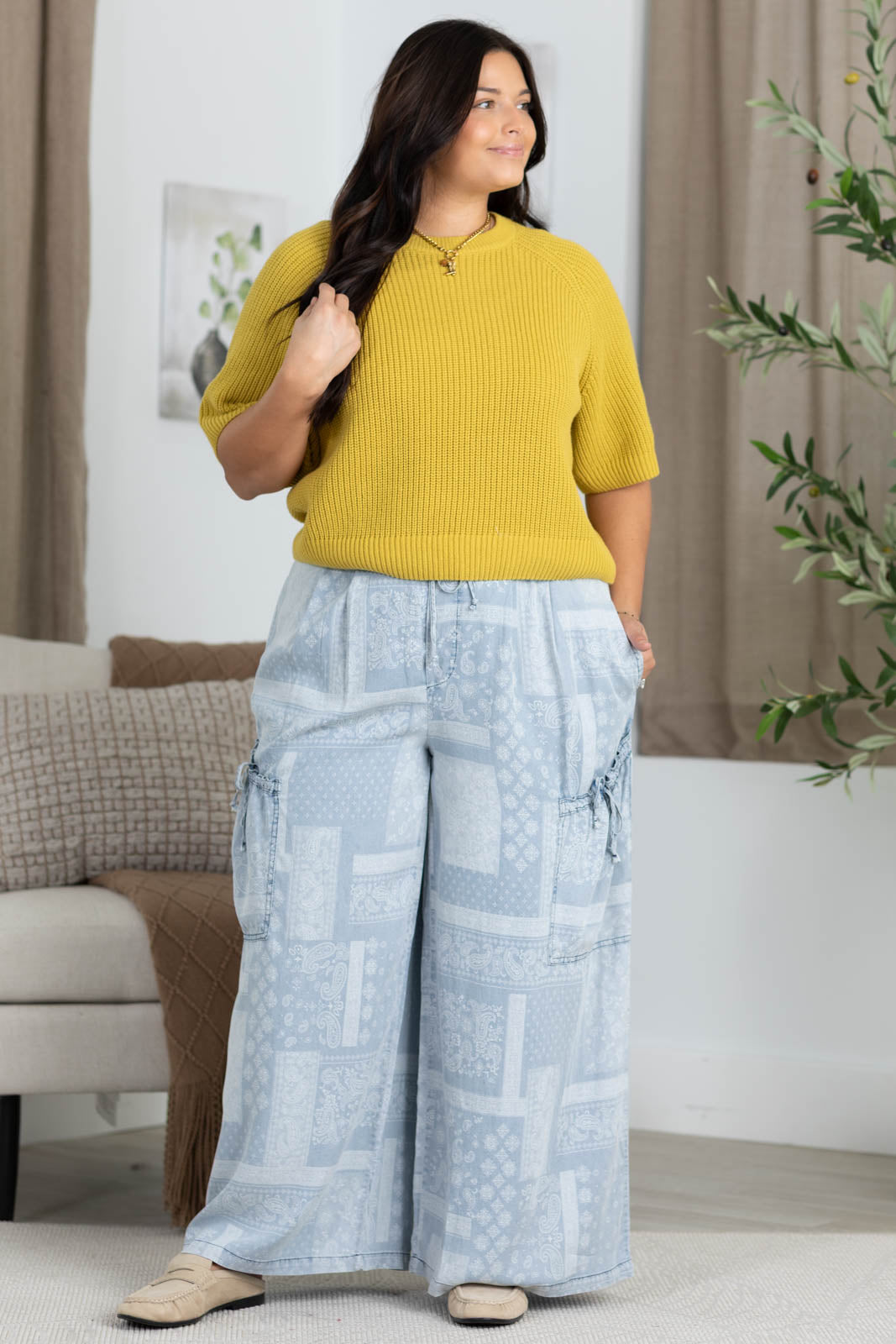 Light Chambray Paisley Print Drop Pocket Pants