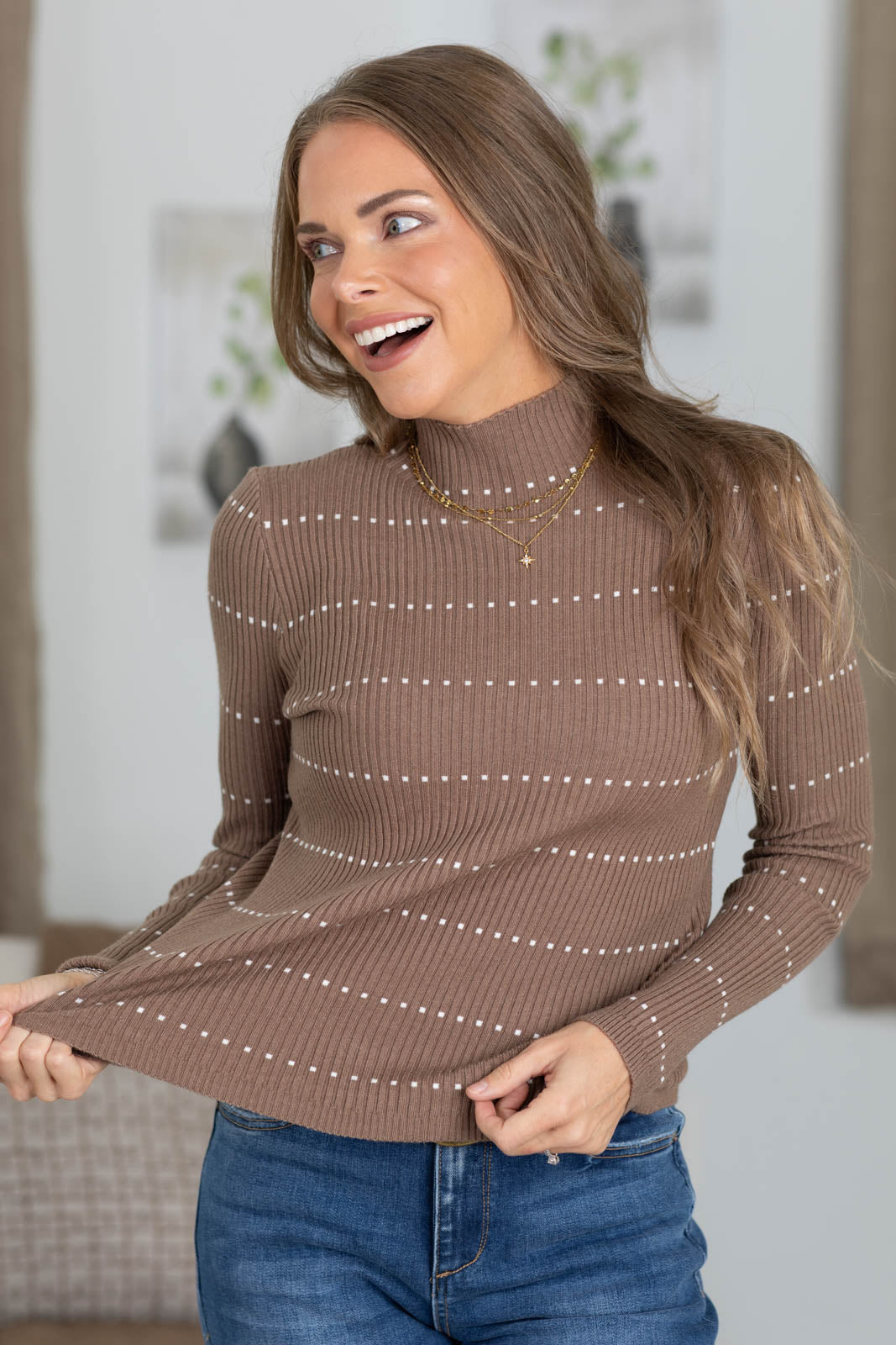 Staccato Rib Mock Neck With Textured Stripe Top