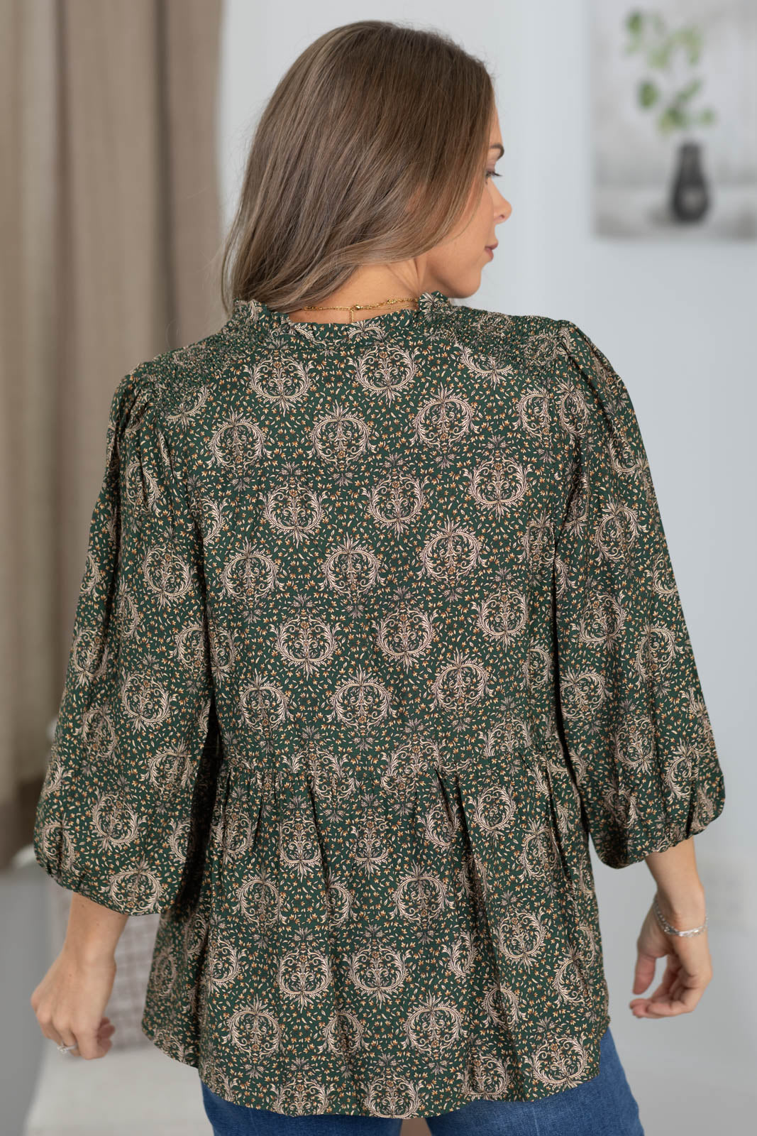 Emerald Green Printed Babydoll Tie Neck Woven Top