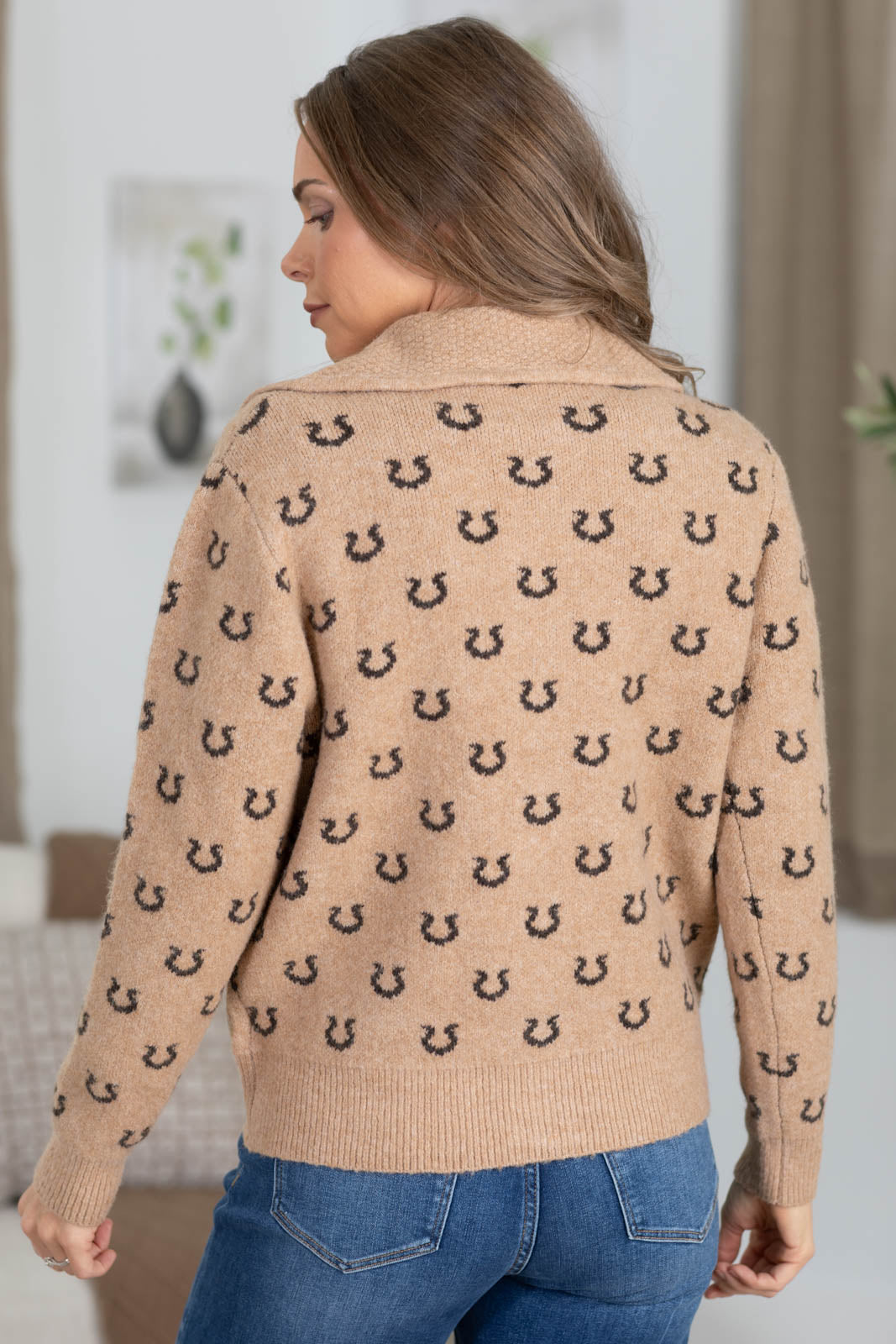 Staccato Tan With Horseshoe Print Zip Up Sweater Jacket