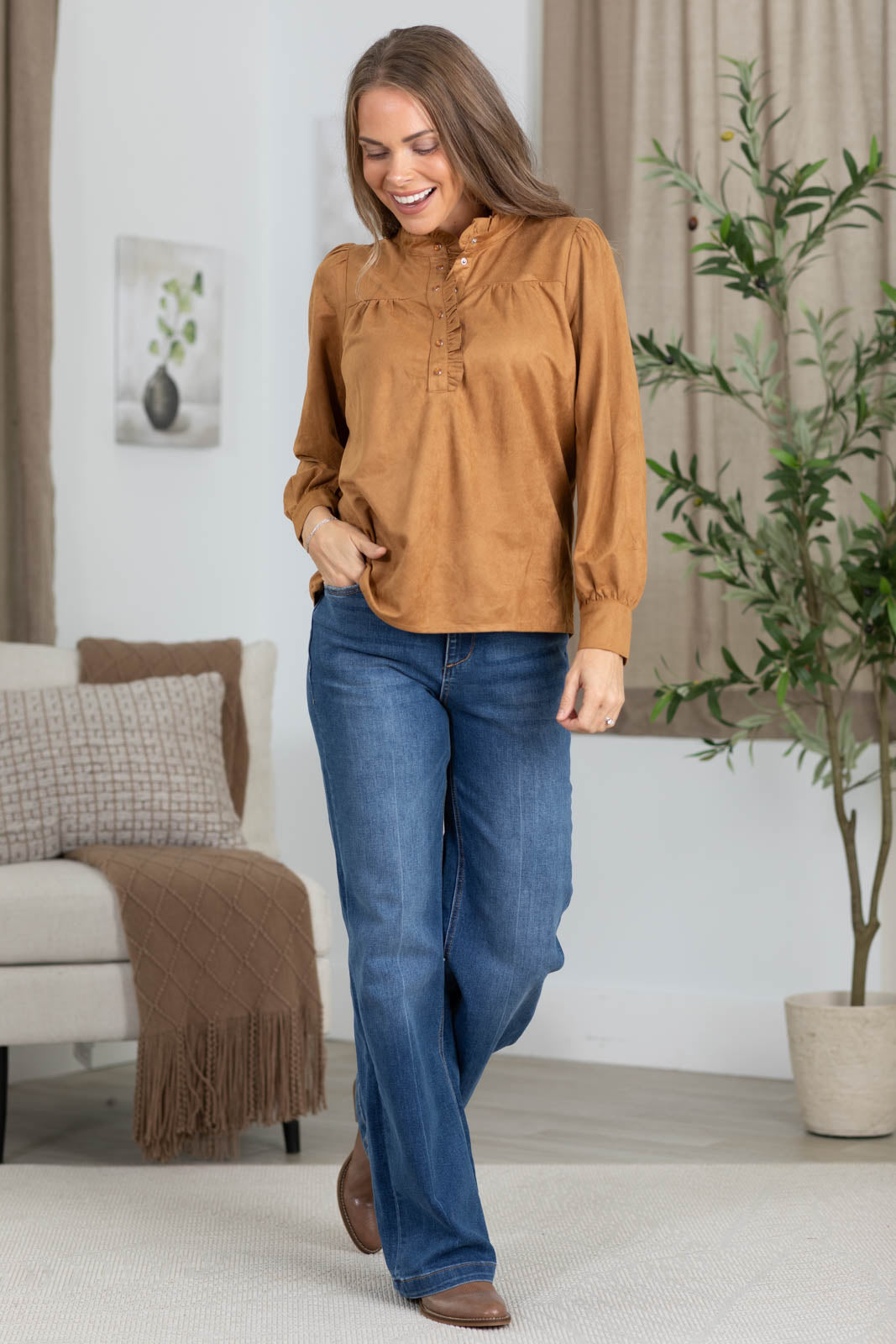 Staccato Suede Ruffled Neck Snap Button Top
