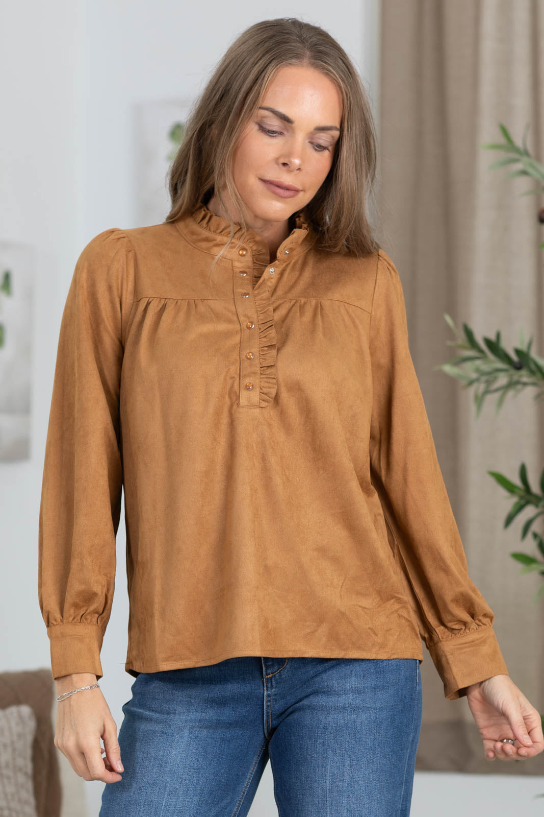 Staccato Suede Ruffled Neck Snap Button Top
