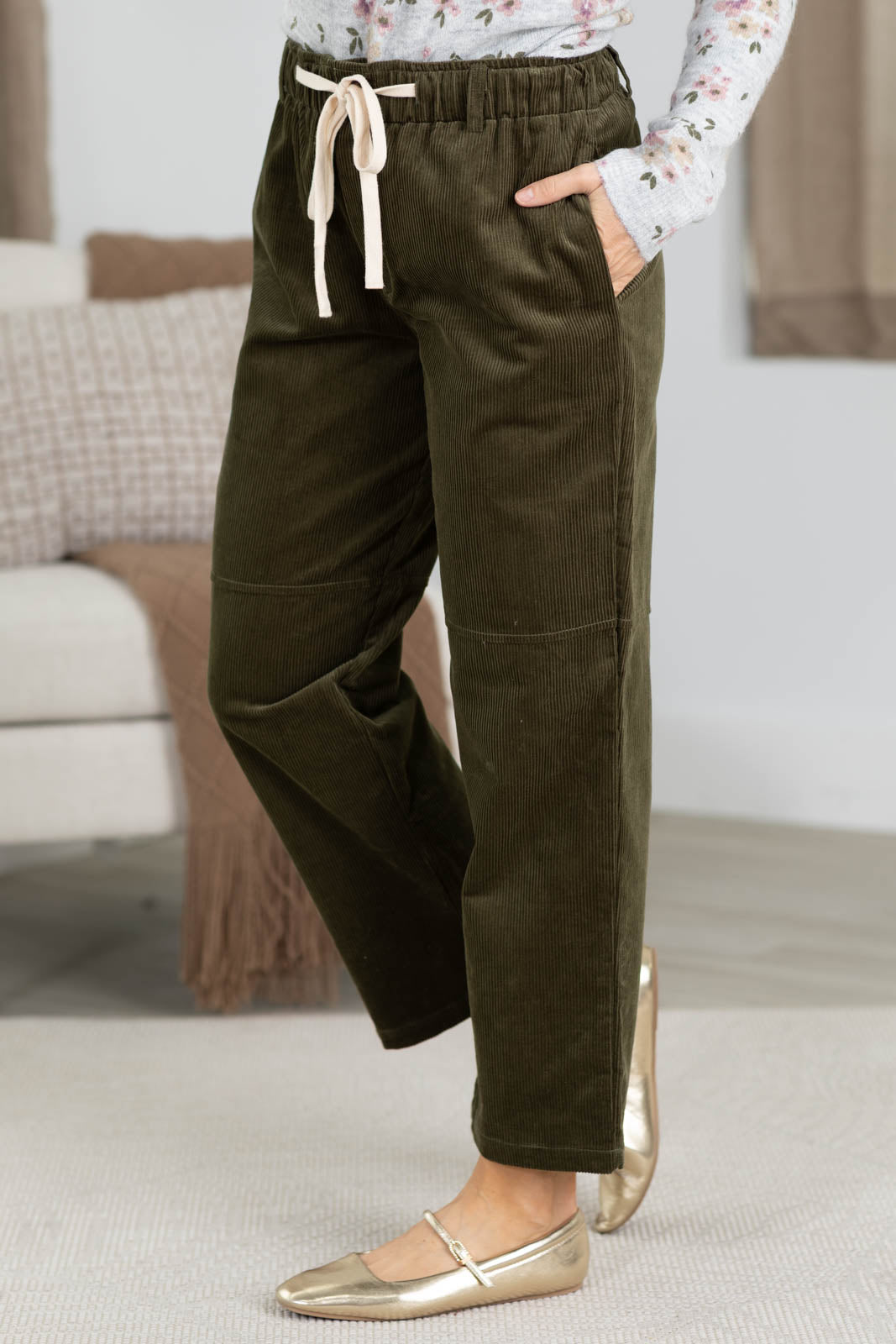 Olive Corduroy Elastic Tie Waist Straight Pant- 100% Cotton