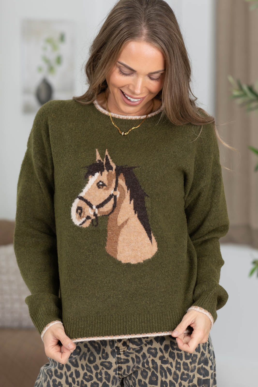 Staccato Horse Print With Stitch Trim Sweater