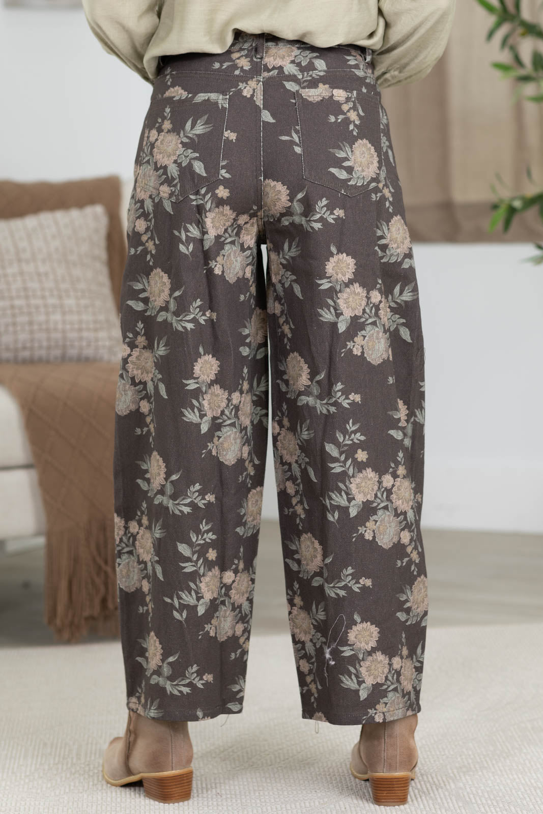 Brown Wide Leg Floral Barrel Pants