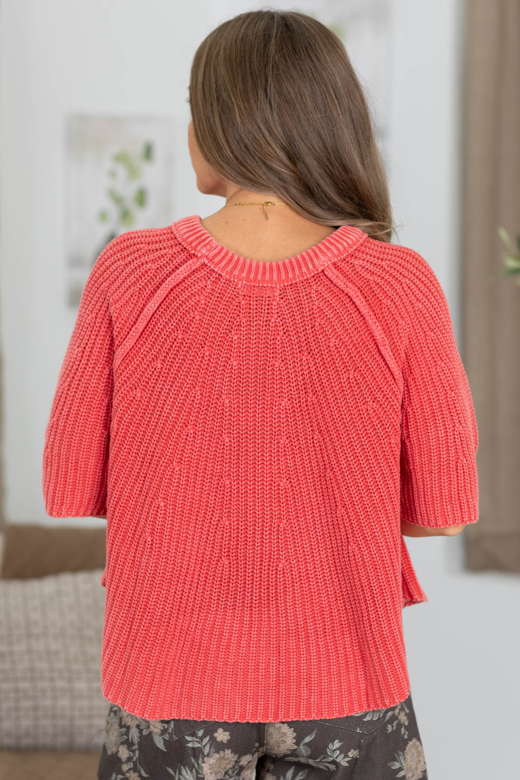 Red Mineral Washed Ribbed Short Sleeve Sweater Top