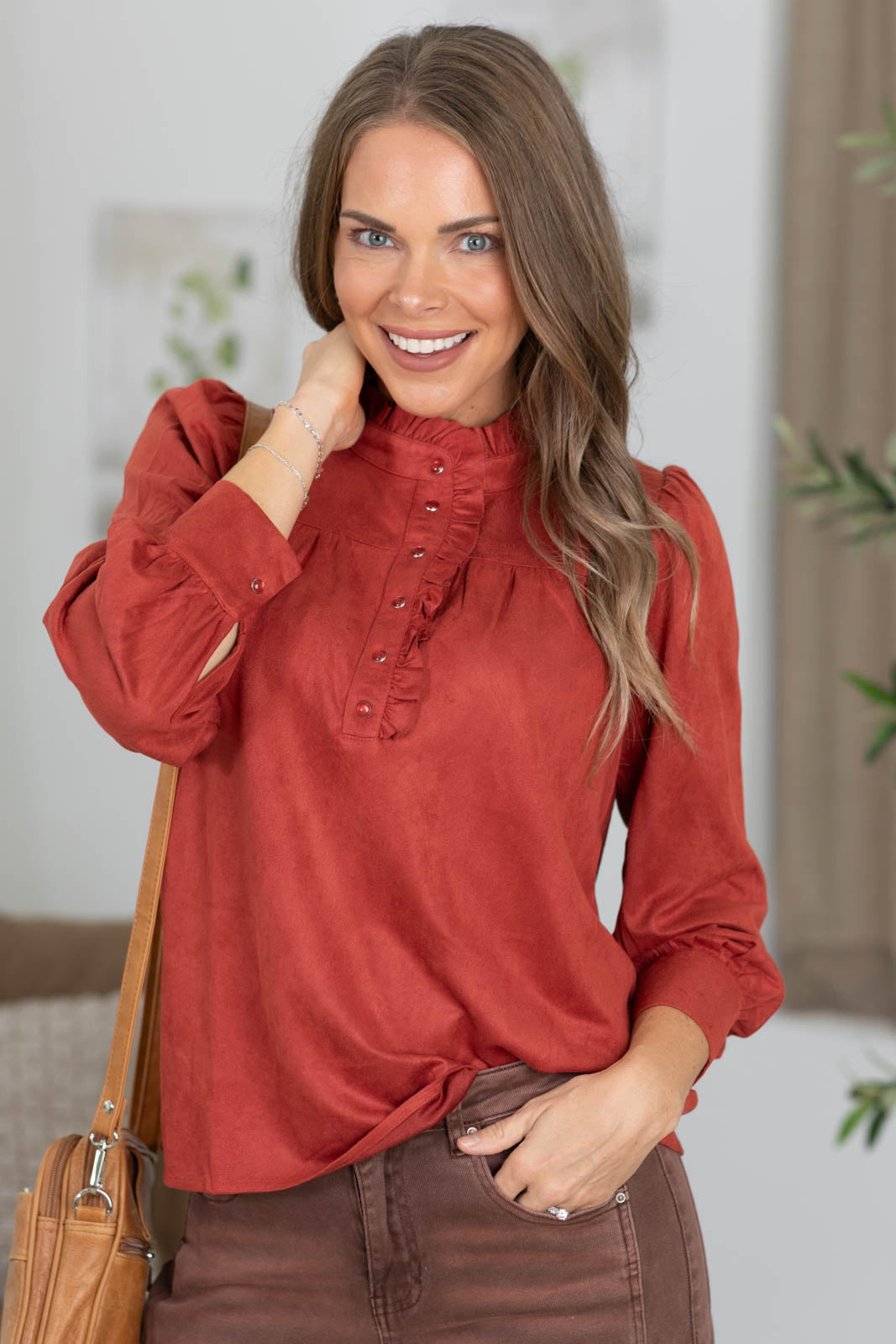 Staccato Suede Ruffled Neck Snap Button Top