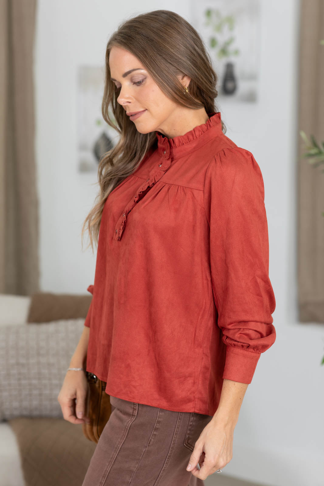 Staccato Suede Ruffled Neck Snap Button Top