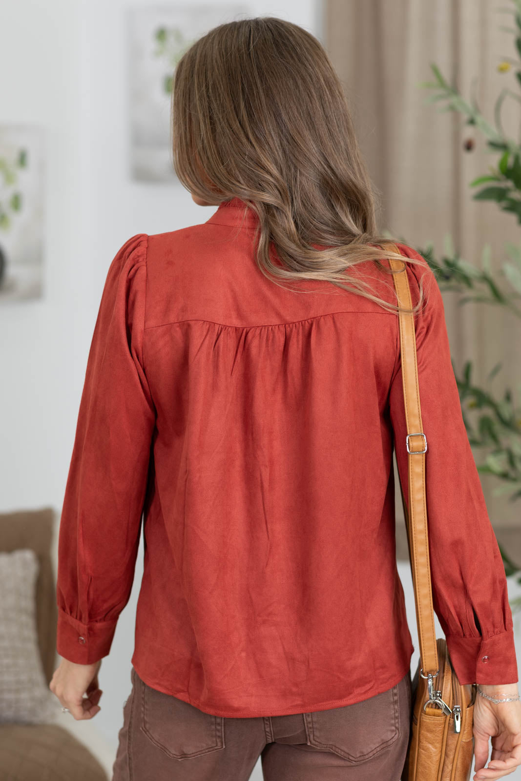 Staccato Suede Ruffled Neck Snap Button Top