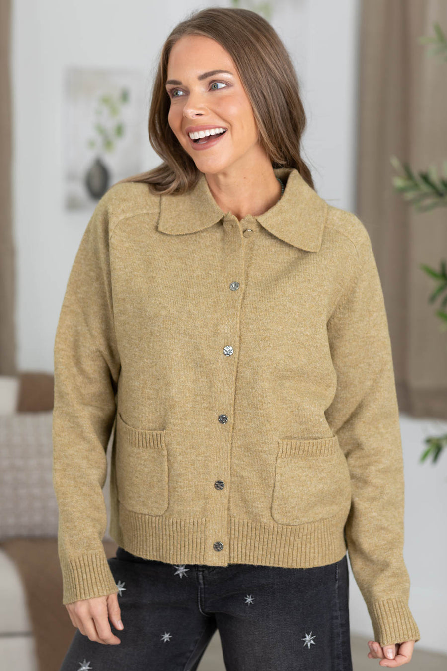 Staccato Collared Button Down Sweater Jacket With Pockets