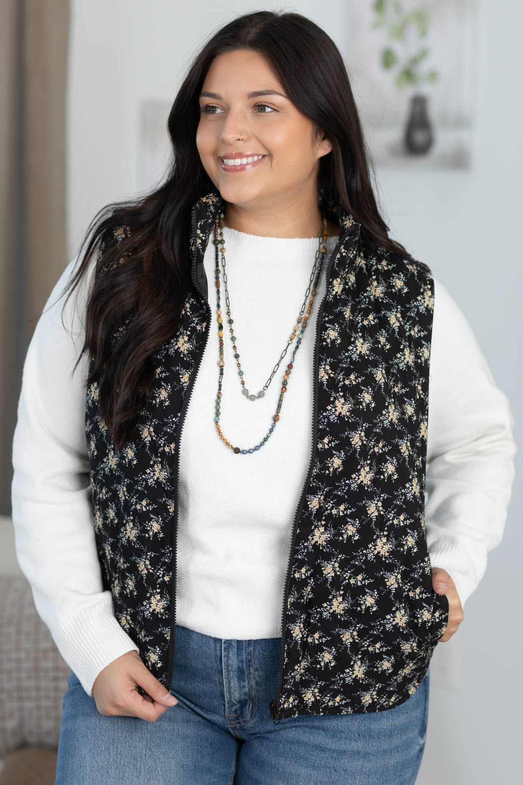 Staccato Floral Padded Vest With Pockets