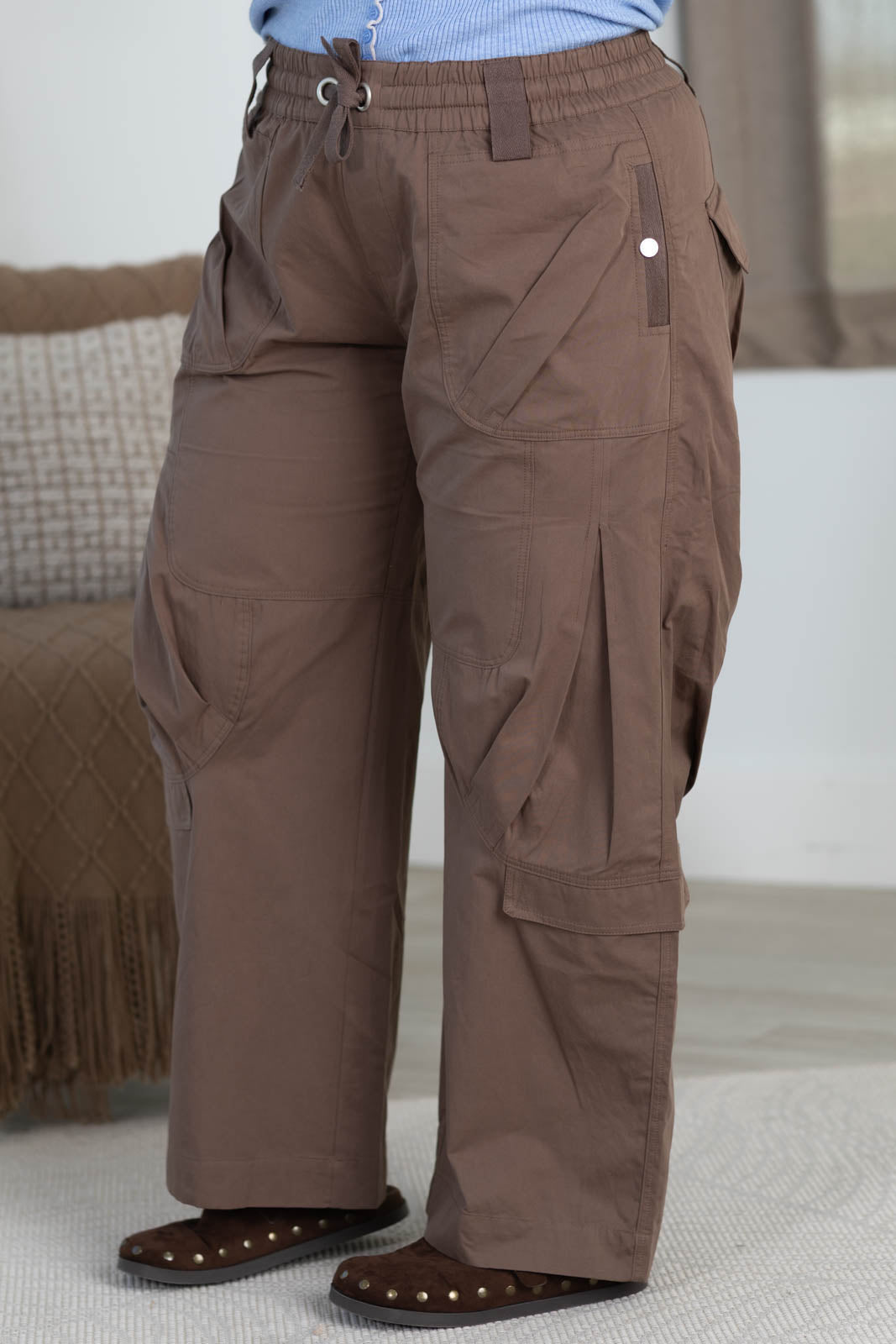 High Rise Wide Leg Cargo Pants With Drawstring Waist