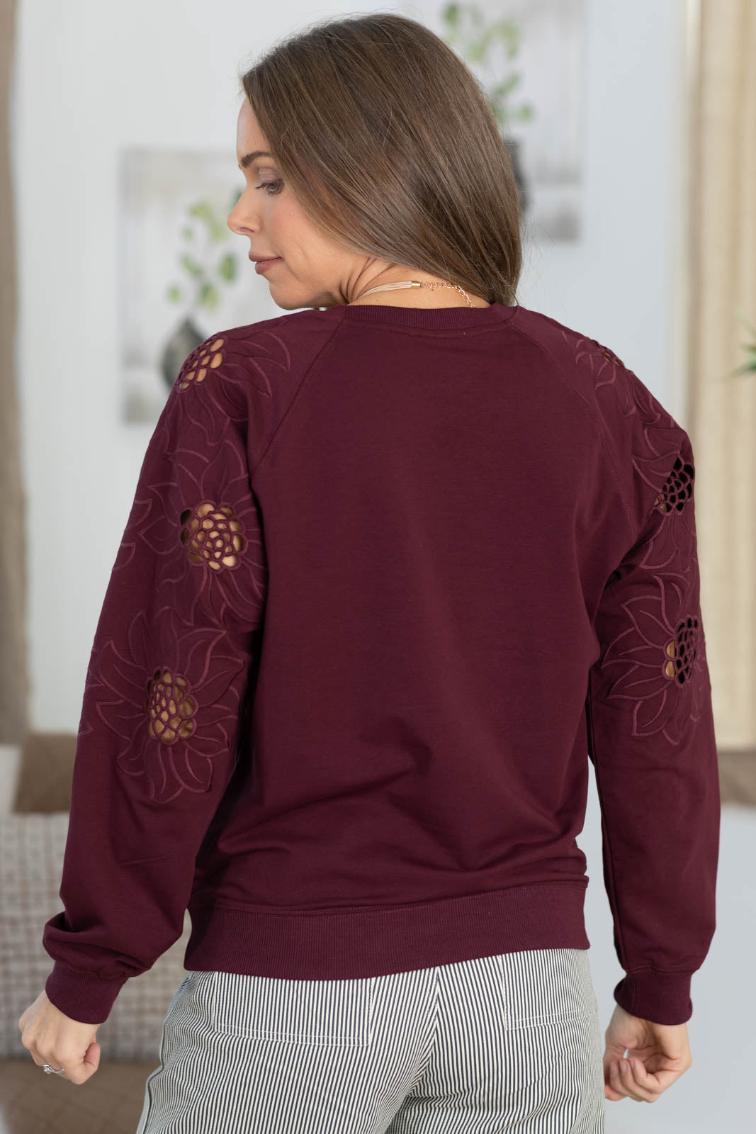 Knit Pullover Embroidery Floral Sleeve Top