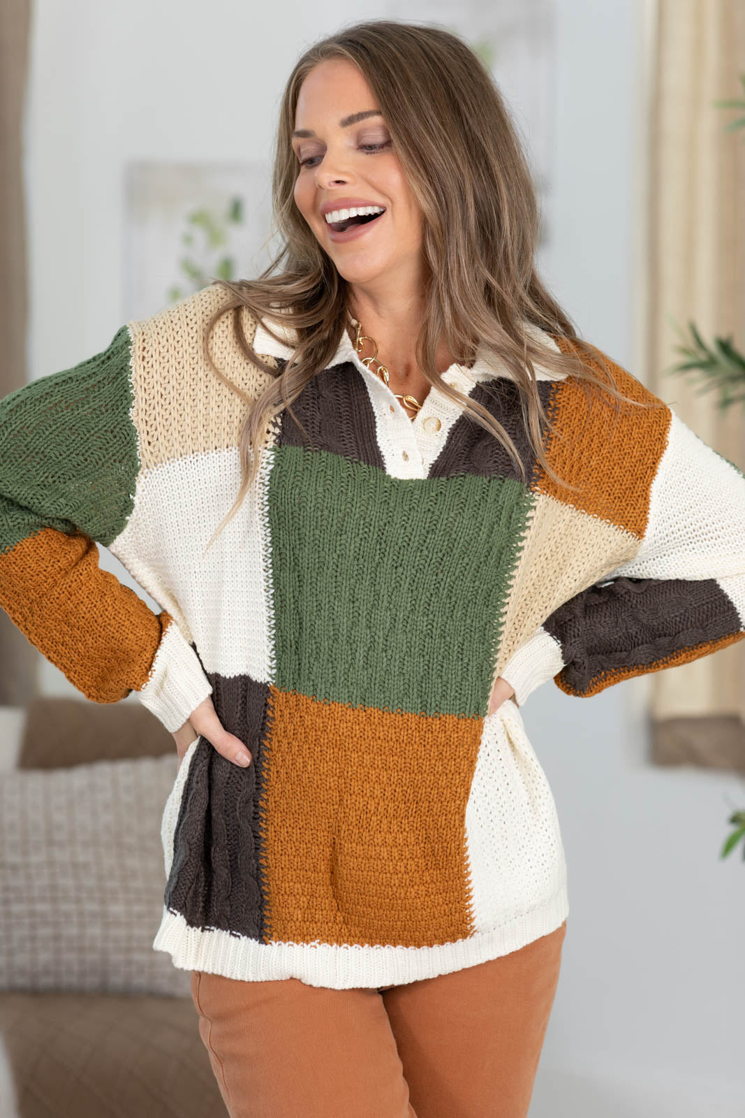 Stitch Colorblock Button Sweater