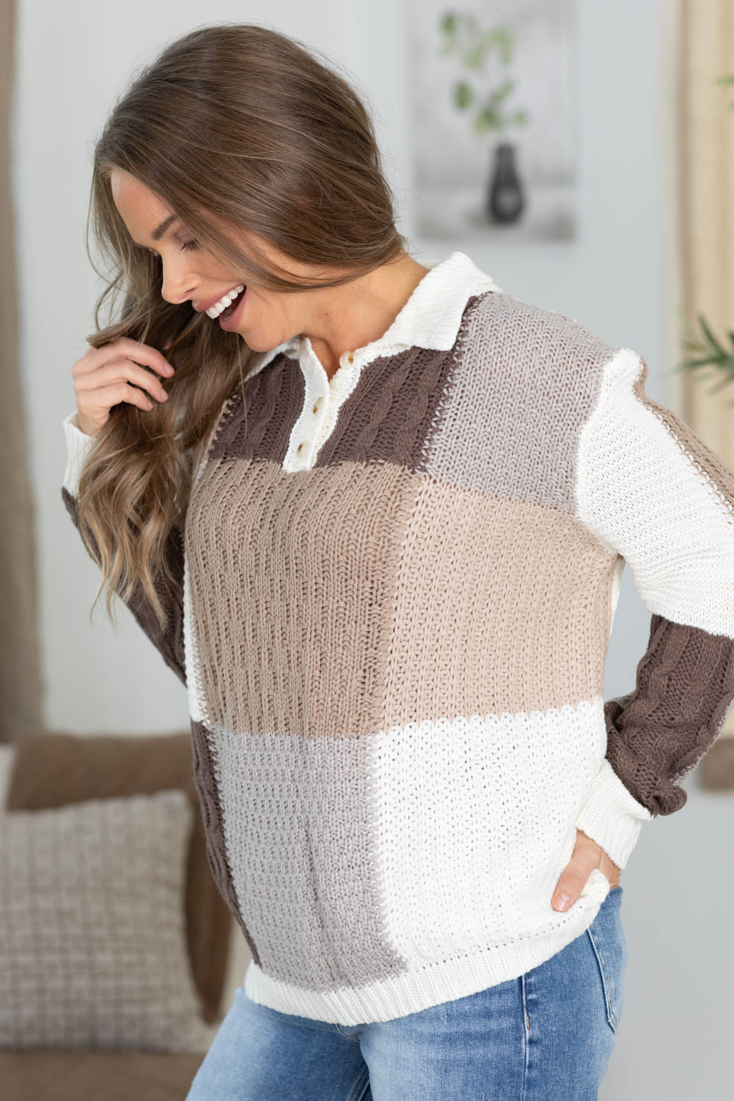 Stitch Colorblock Button Sweater