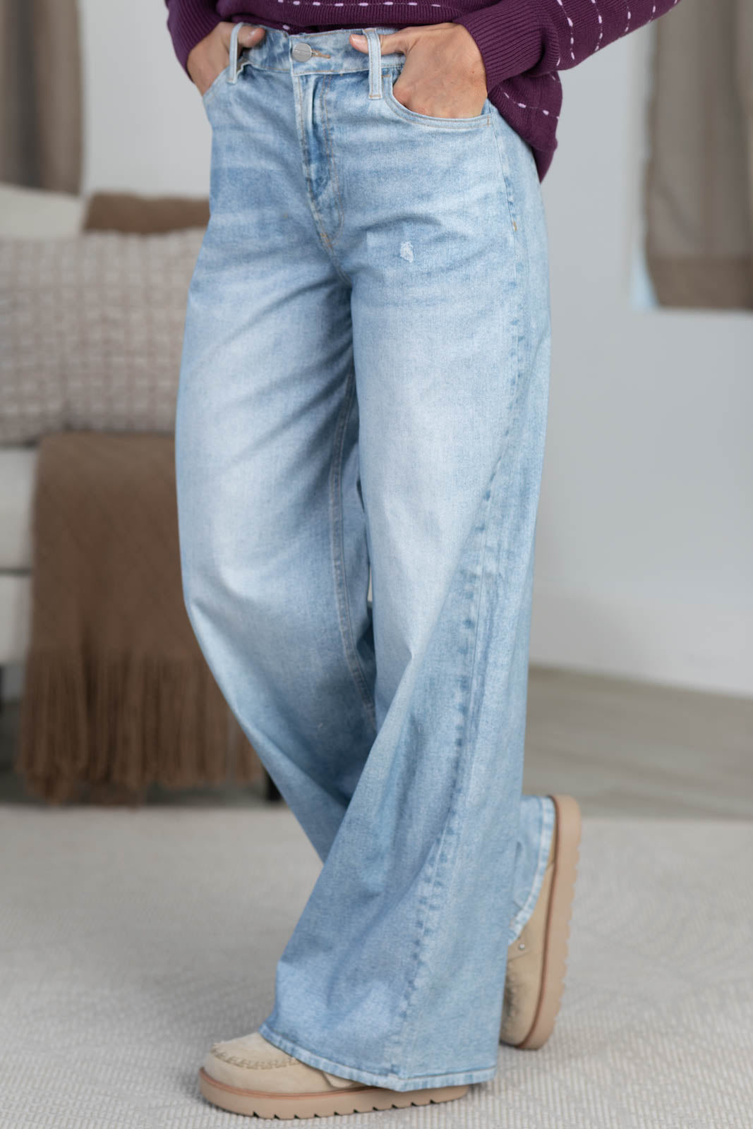 Mica Light Wash Illusion Denim High Rise Wide Leg Pants