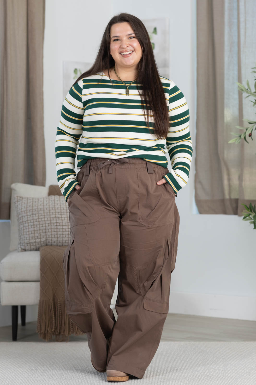 High Rise Wide Leg Cargo Pants With Drawstring Waist