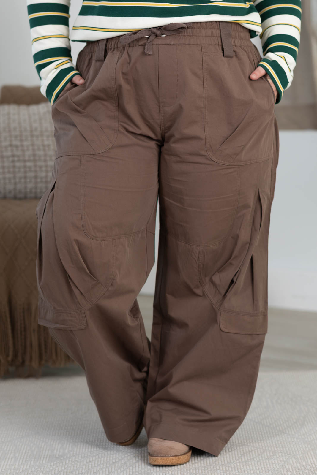 High Rise Wide Leg Cargo Pants With Drawstring Waist