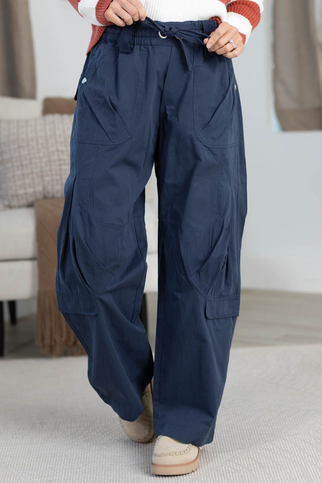 High Rise Wide Leg Cargo Pants With Drawstring Waist