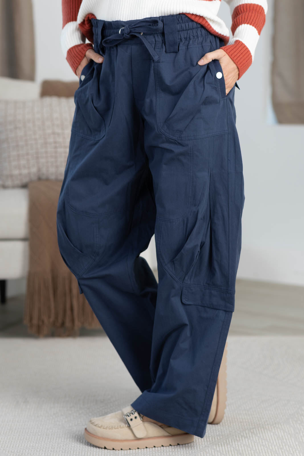 High Rise Wide Leg Cargo Pants With Drawstring Waist