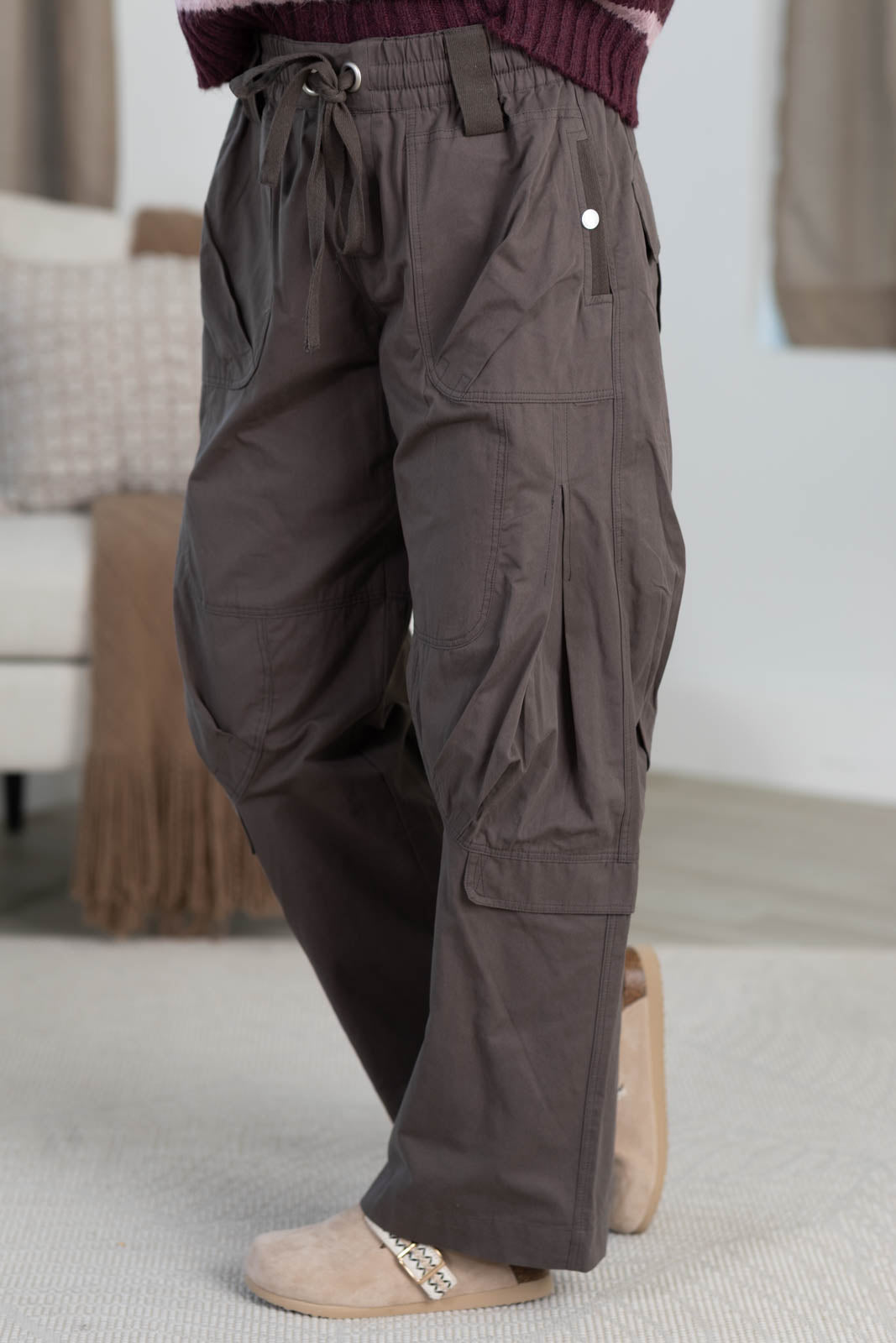 High Rise Wide Leg Cargo Pants With Drawstring Waist