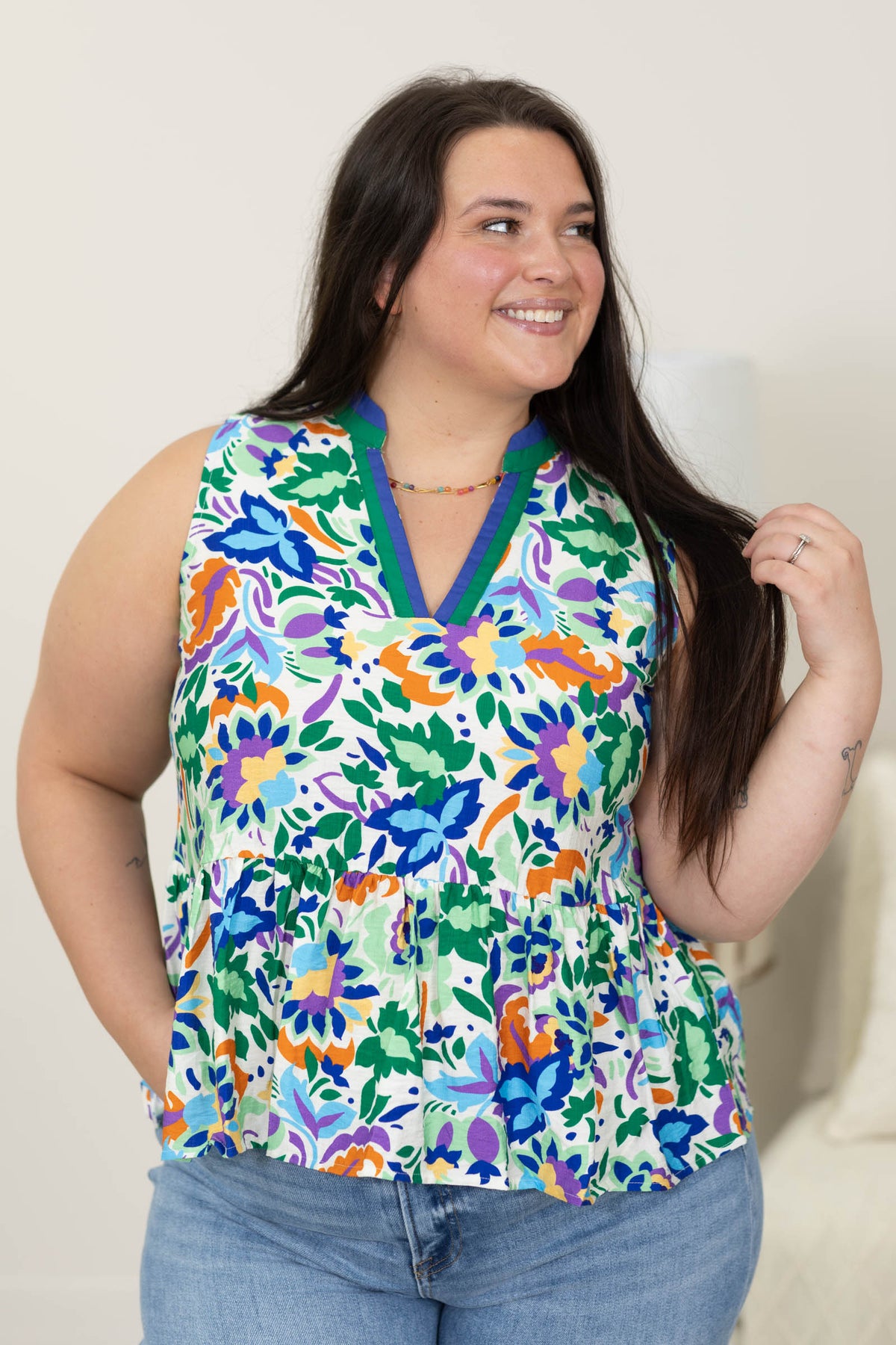 Staccato Floral Colorblock Peplum Woven Top