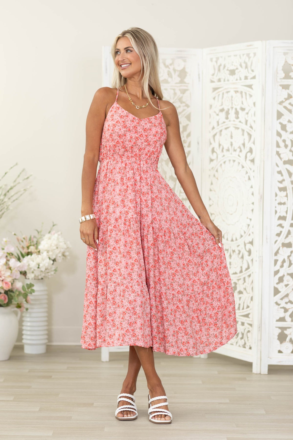 Pink Coral Ditsy Floral Adjustable Straps Midi Dress