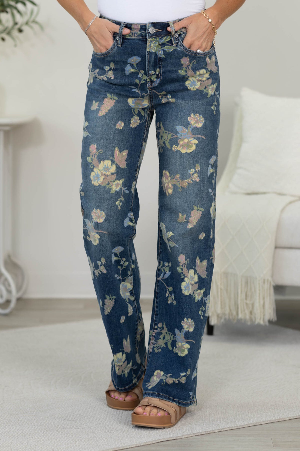 Mica Floral Blue High Rise Wide Leg Jeans