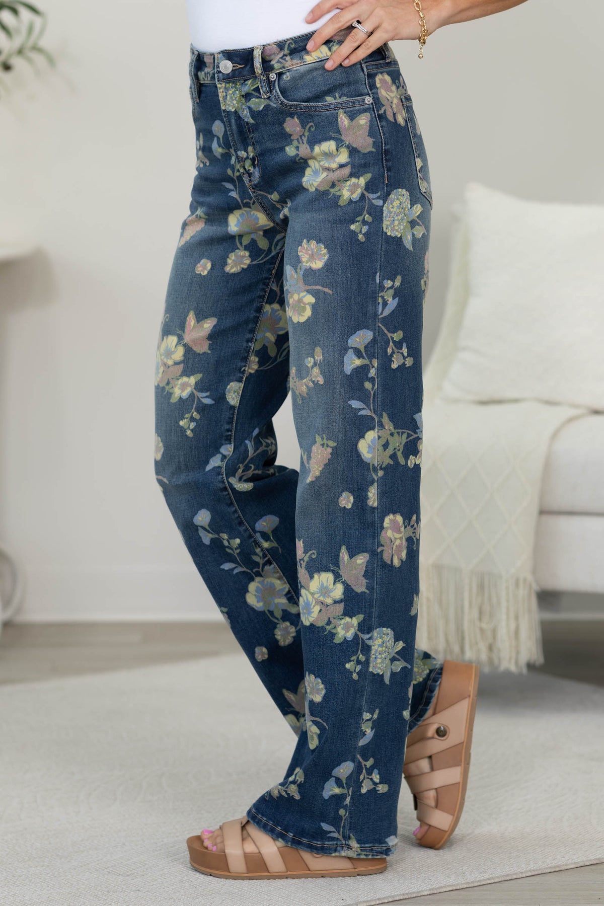 Mica Floral Blue High Rise Wide Leg Jeans