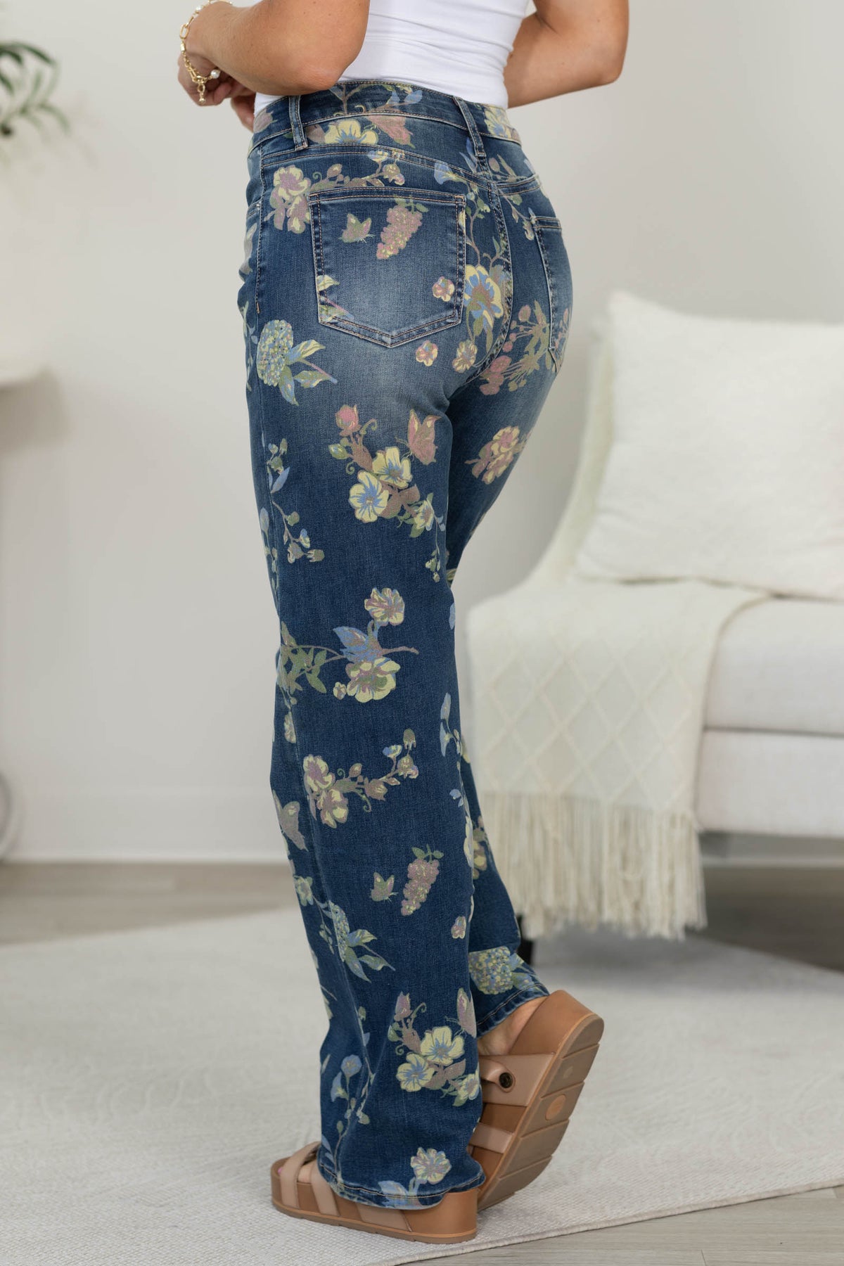 Mica Floral Blue High Rise Wide Leg Jeans